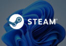 Logotipo de Steam en blanco sobre un fondo azul con forma abstracta, simbolizando la plataforma de juegos.