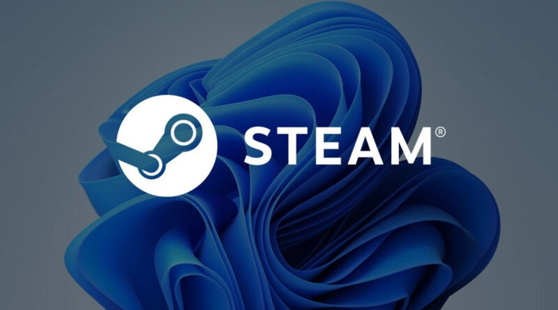 Logotipo de Steam en blanco sobre un fondo azul con forma abstracta, simbolizando la plataforma de juegos.