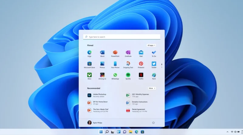 Fondo azul suave con el menú de inicio de Windows 11 abierto, mostrando aplicaciones ancladas y recomendadas en una interfaz clara y moderna.