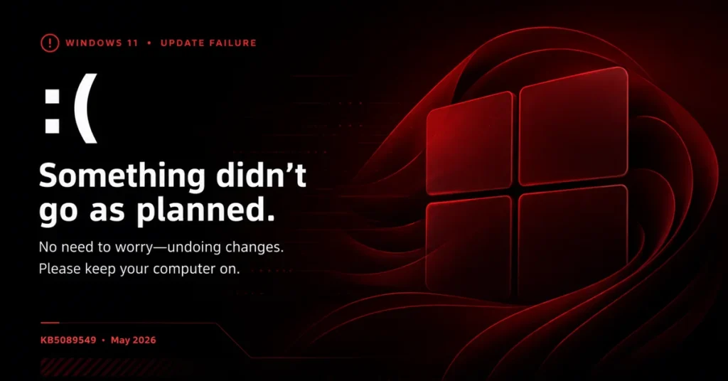 Fondo negro con un logo de Windows en rojo. Texto en blanco advierte sobre un fallo en la actualización y sugiere mantener encendido el equipo.