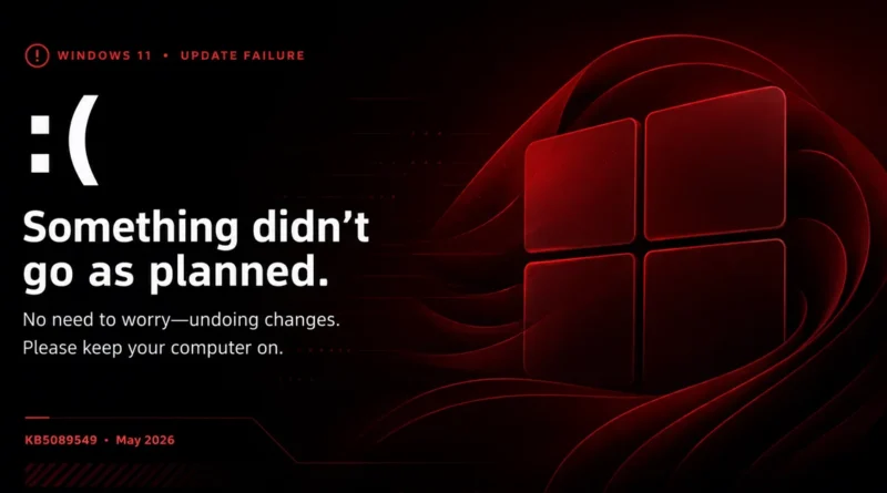 Fondo negro con un logo de Windows en rojo. Texto en blanco advierte sobre un fallo en la actualización y sugiere mantener encendido el equipo.