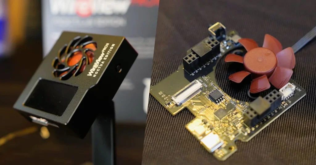 Muestra el WireView Pro II, un dispositivo con ventilador rojo, y su placa de circuito con conectores, sobre fondo oscuro.