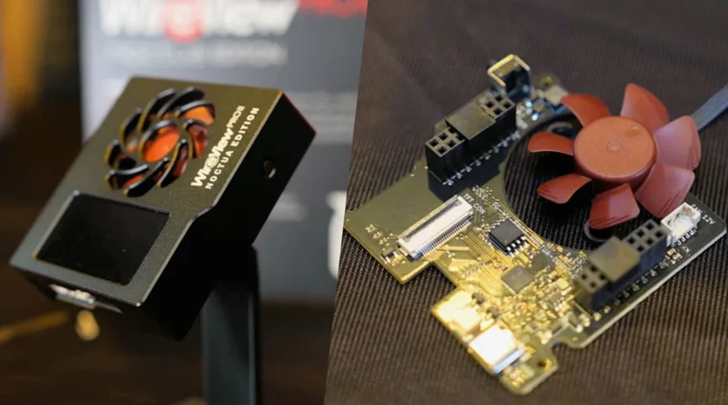 Muestra el WireView Pro II, un dispositivo con ventilador rojo, y su placa de circuito con conectores, sobre fondo oscuro.