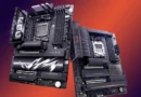 Dos placas base de ordenador en primer plano, una con diseño negro y plata y otra en negro y rojo, sobre un fondo degradado naranja y negro.