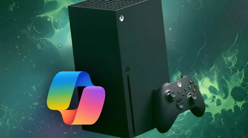 Consola Xbox Series X negra en un fondo abstracto verde, acompañada de un control y un ícono colorido que representa la funcionalidad de AI.