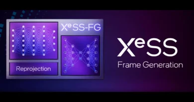 Gráficos en tonos púrpuras mostrando dos paneles: uno con “Reproyección” y otro con “Frame Generation” bajo el logo de XeSS.