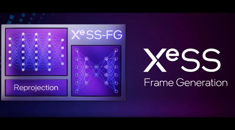 Gráficos en tonos púrpuras mostrando dos paneles: uno con “Reproyección” y otro con “Frame Generation” bajo el logo de XeSS.