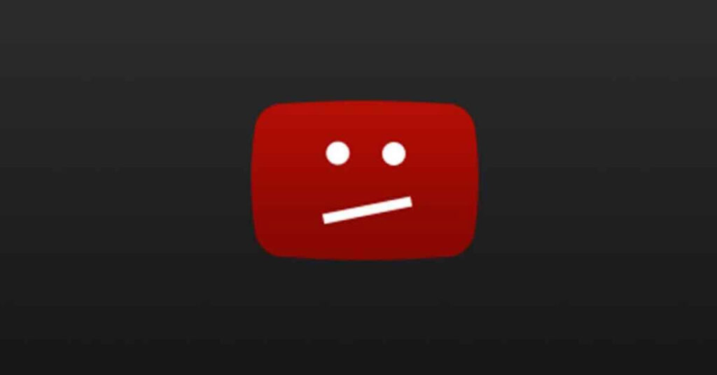 Icono de YouTube con fondo negro, presenta el logotipo rojo y una expresión facial de descontento con dos puntos y una línea.