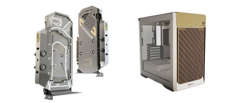 Prototipo de tarjeta gráfica líquida en tonos plateados y dorados, junto a un elegante chasis de PC con panel frontal de rejilla dorada.
