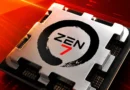 Chip de procesador con el logo "ZEN 7" en un diseño futurista, sobre un fondo rojo con detalles gráficos en tonos anaranjados.