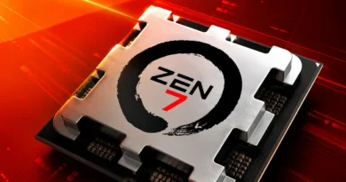 Chip de procesador con el logo "ZEN 7" en un diseño futurista, sobre un fondo rojo con detalles gráficos en tonos anaranjados.