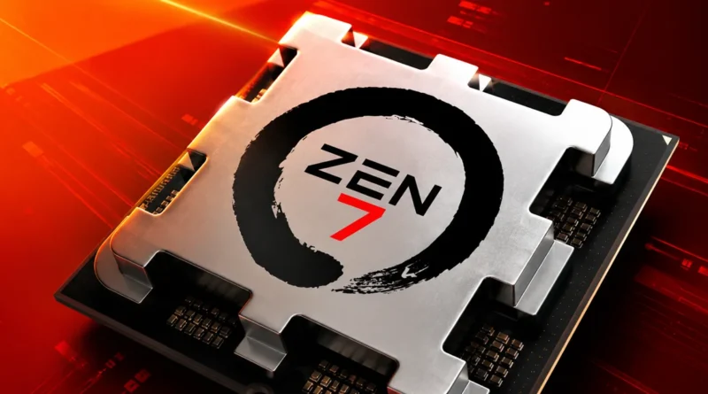 Chip de procesador con el logo "ZEN 7" en un diseño futurista, sobre un fondo rojo con detalles gráficos en tonos anaranjados.