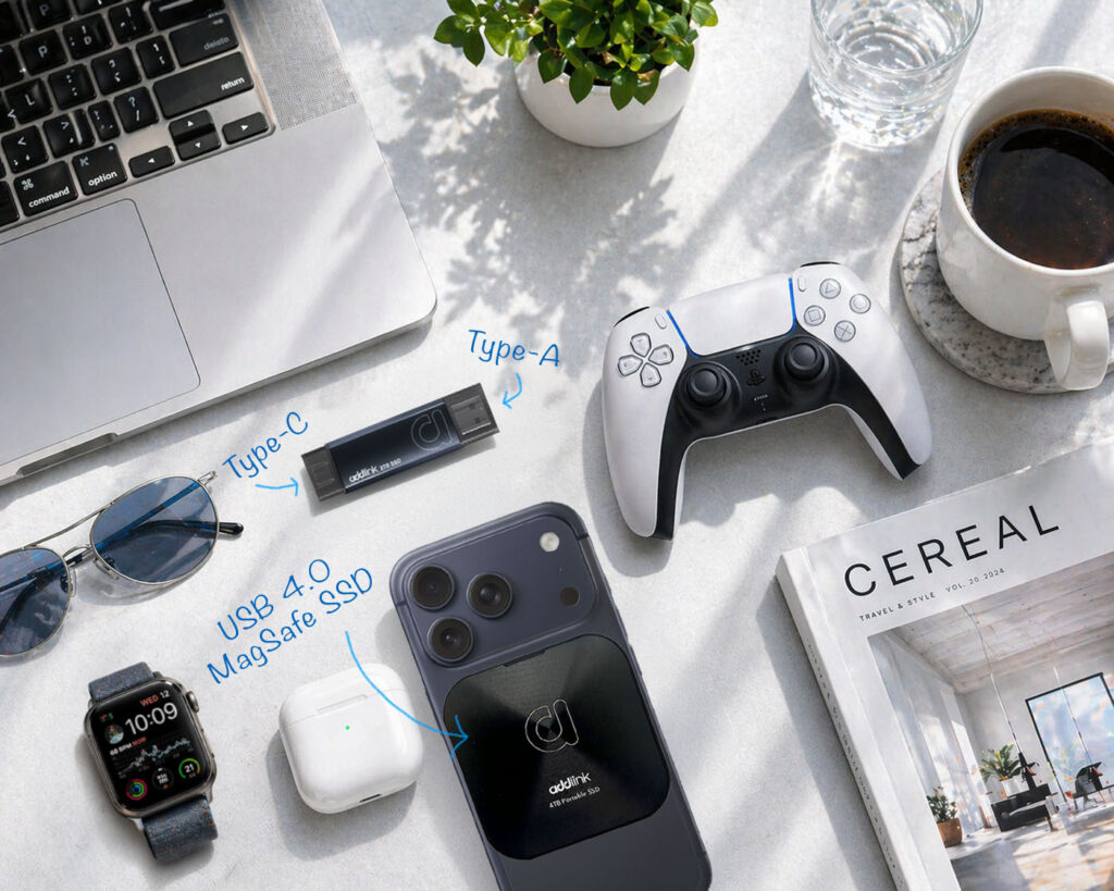 Dispositivo móvil, control remoto, unidad USB, reloj inteligente y gafas, sobre una mesa con laptop, taza de café y decoración moderna.