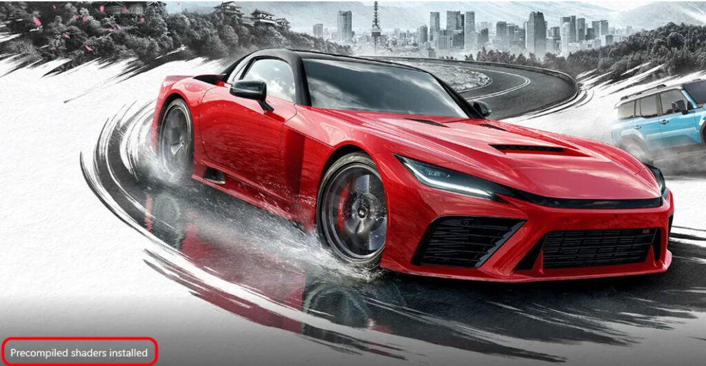 Coche deportivo rojo derrapando en una curva con una ciudad de fondo en blanco y negro, resaltando la acción y el dinamismo.