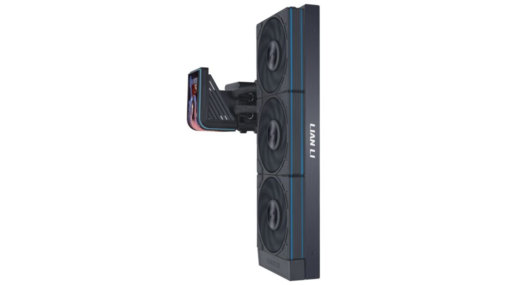 Sistema de refrigeración vertical de Lian Li con tres ventiladores y soporte para GPU, diseño elegante y colores oscuros predominantes.