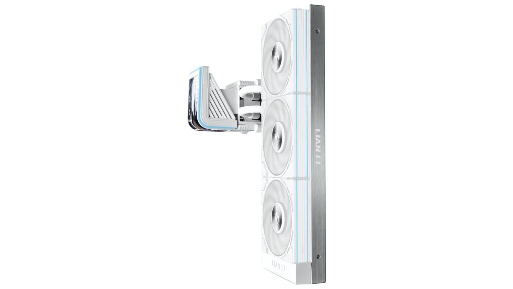 Enfriador de CPU Lian Li con diseño blanco y plateado, equipado con cuatro ventiladores, montado verticalmente para óptima refrigeración.