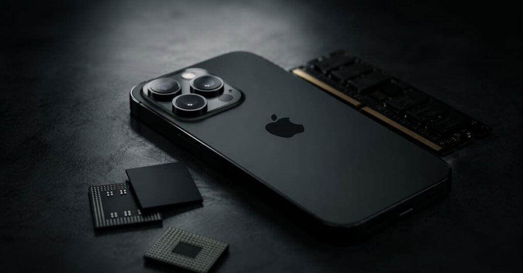 Smartphone negro de Apple con tres cámaras, acompañado de chips de memoria y un módulo LPDDR5 sobre fondo oscuro.