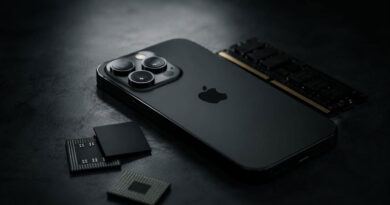 Smartphone negro de Apple con tres cámaras, acompañado de chips de memoria y un módulo LPDDR5 sobre fondo oscuro.