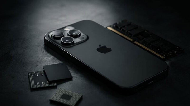 Smartphone negro de Apple con tres cámaras, acompañado de chips de memoria y un módulo LPDDR5 sobre fondo oscuro.