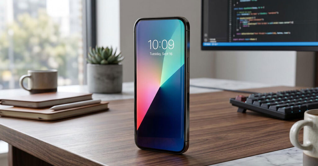 Un smartphone moderno con pantalla brillante, en un escritorio de madera, junto a una planta, cuadernos y un teclado.