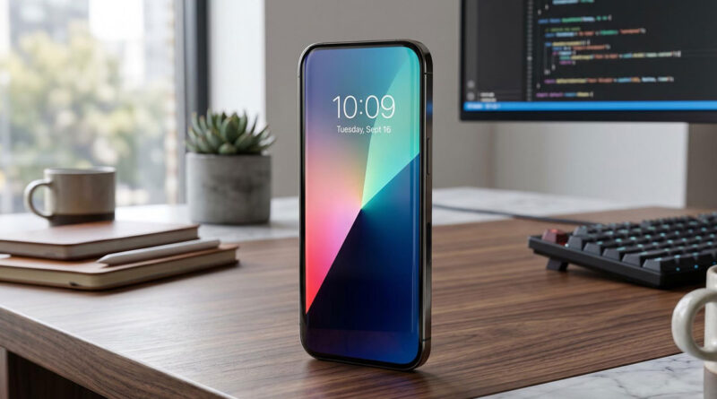 Un smartphone moderno con pantalla brillante, en un escritorio de madera, junto a una planta, cuadernos y un teclado.