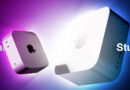 Dos computadoras de Apple, Mac mini y Mac Studio, destacan en un fondo violetas y azules, resaltando sus diseños modernos y elegantes.