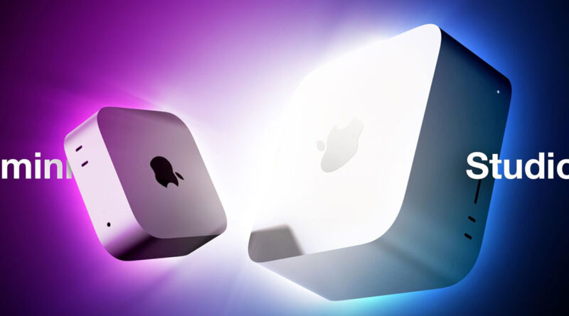 Dos computadoras de Apple, Mac mini y Mac Studio, destacan en un fondo violetas y azules, resaltando sus diseños modernos y elegantes.