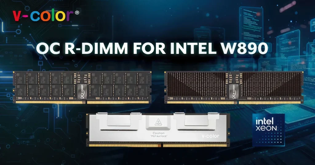 Módulos DDR5-8000 de 256 GB en fondo tecnológico, destacando el diseño en negro y dorado de las memorias y el logotipo de V-color.