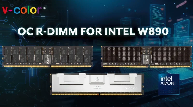 Módulos DDR5-8000 de 256 GB en fondo tecnológico, destacando el diseño en negro y dorado de las memorias y el logotipo de V-color.