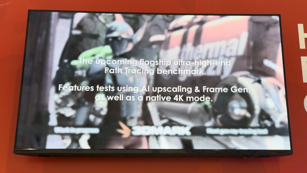 Pantalla que muestra un anuncio de un nuevo benchmark Ultra-alto rendimiento de Path Tracing, con detalles sobre pruebas de IA y modo nativo 4K.