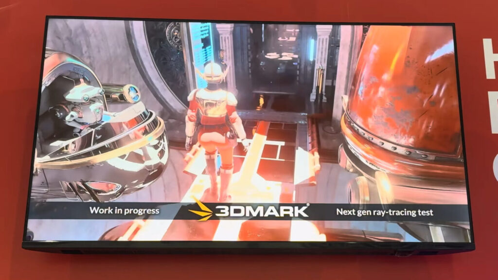 Pantalla mostrando una escena de videojuego en 3D con un personaje en un entorno futurista, resaltando el logotipo de 3DMark.