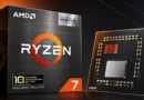 Caja del procesador AMD Ryzen 7 con diseño negro y dorado, muestra el logo de Ryzen y detalles de la tecnología 3D V-Cache.