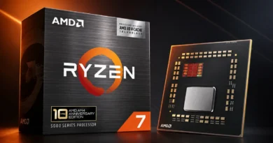 Caja del procesador AMD Ryzen 7 con diseño negro y dorado, muestra el logo de Ryzen y detalles de la tecnología 3D V-Cache.