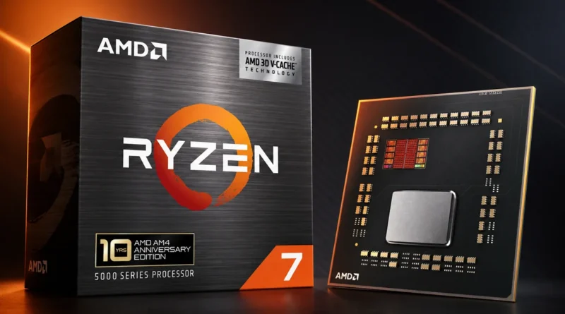 Caja del procesador AMD Ryzen 7 con diseño negro y dorado, muestra el logo de Ryzen y detalles de la tecnología 3D V-Cache.