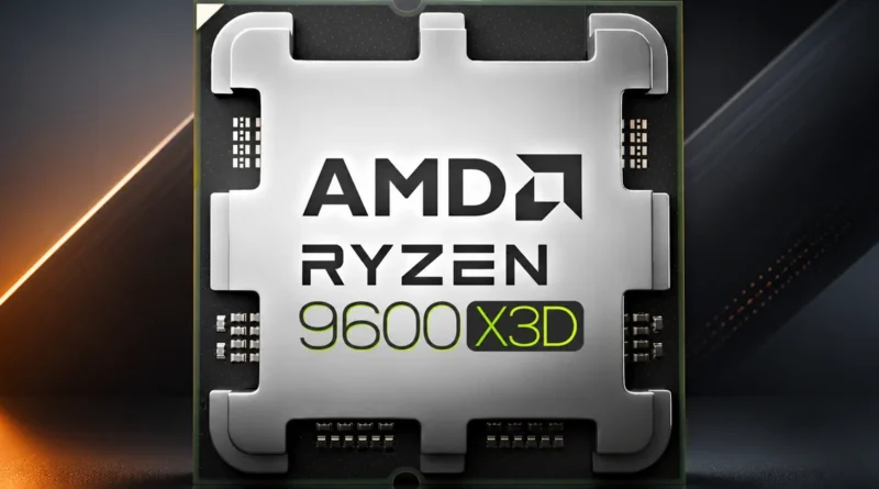 Procesador AMD Ryzen 9600X3D con un diseño plateado y logo destacado, sobre un fondo oscuro con destellos de luz.