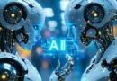 Dos robots humanoides se enfrentan, sosteniendo un holograma azul con la inscripción "AI", en un entorno futurista y iluminado.