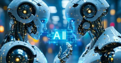 Dos robots humanoides se enfrentan, sosteniendo un holograma azul con la inscripción "AI", en un entorno futurista y iluminado.