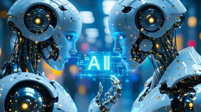 Dos robots humanoides se enfrentan, sosteniendo un holograma azul con la inscripción "AI", en un entorno futurista y iluminado.