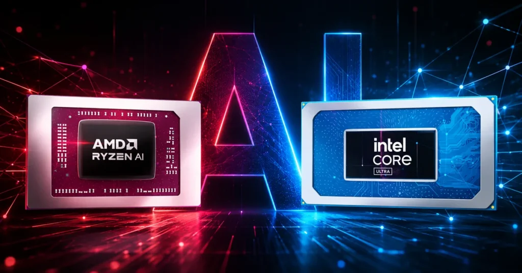 AMD Ryzen AI e Intel Core Ultra compiten en el mercado de procesamiento y tecnología de inteligencia artificial.