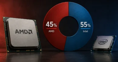 Procesador AMD destacado sobre fondo oscuro, junto a gráfico de pastel en rojo y azul mostrando 45% para AMD y 55% para Intel.