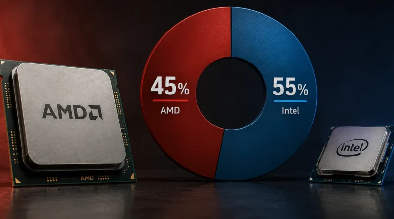 Procesador AMD destacado sobre fondo oscuro, junto a gráfico de pastel en rojo y azul mostrando 45% para AMD y 55% para Intel.