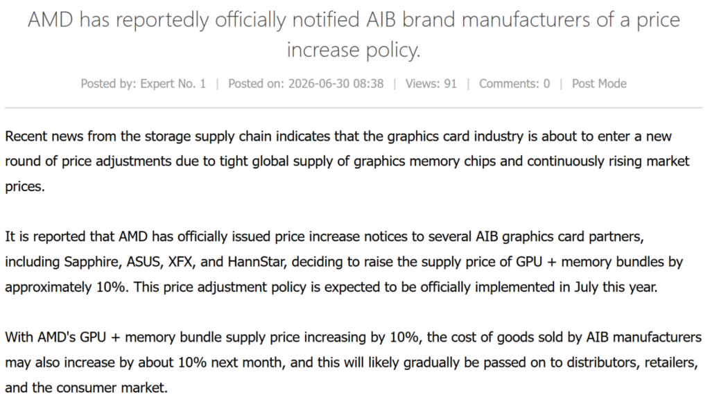 AMD notifica oficialmente a los fabricantes AIB sobre una política de aumento de precios para tarjetas gráficas y bundles de GPU.