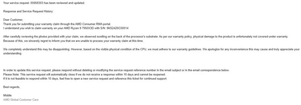 Correo electrónico de atención al cliente de AMD sobre una solicitud de garantía, con detalles sobre el servicio y una disculpa por inconvenientes.