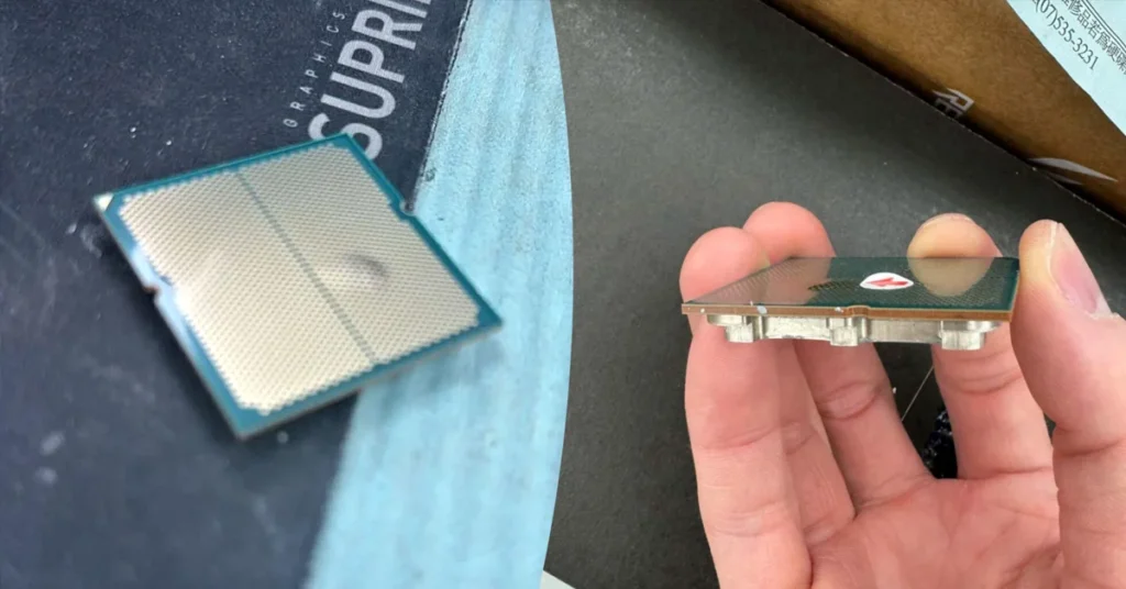 Procesador Ryzen 9 7950X3D en el lado izquierdo con un hueco visible en el sustrato, sostenido con una mano a la derecha.