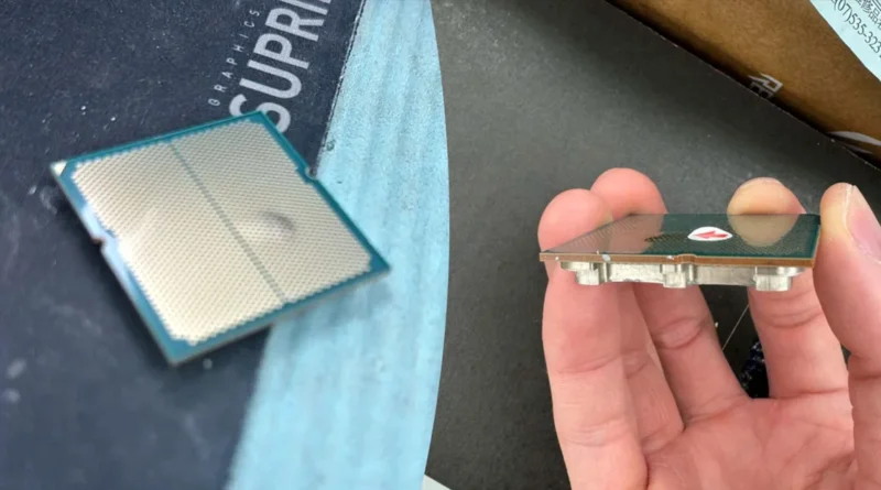 Procesador Ryzen 9 7950X3D en el lado izquierdo con un hueco visible en el sustrato, sostenido con una mano a la derecha.
