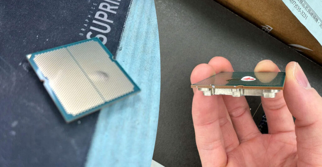 AMD Ryzen 9 9900X con un notable abultamiento en el empaquetado, sostenido por una mano, sobre fondo oscuro.