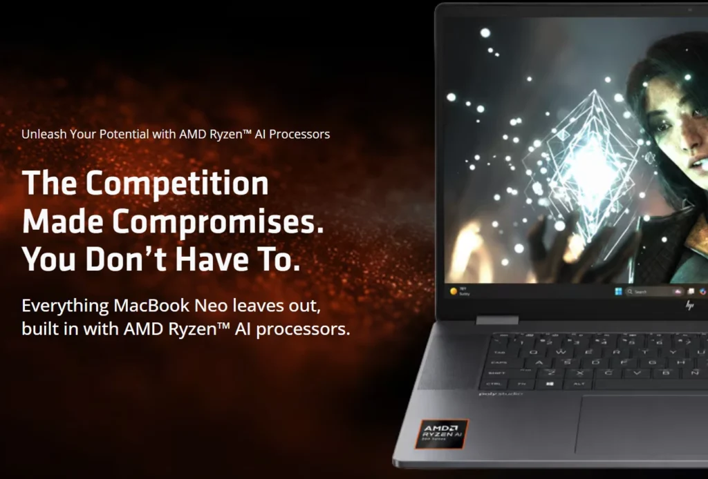 Portátil con procesadores AMD Ryzen™ AI, destacando su capacidad para superar a la competencia en rendimiento y potencia.