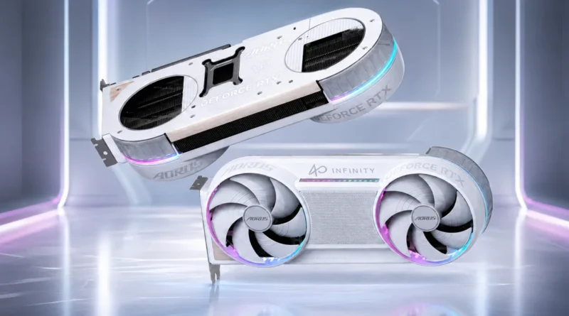 Dos tarjetas gráficas GeForce RTX de GIGABYTE AORUS con diseño plateado y luces RGB, sobre un fondo futurista iluminado.