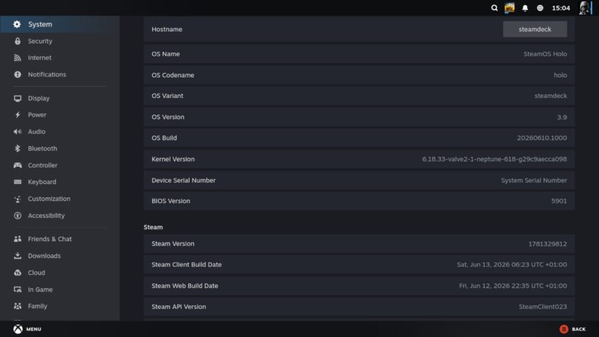 Información del sistema del Steam Deck, incluyendo detalles de la versión del sistema operativo, número de serie y actualizaciones.