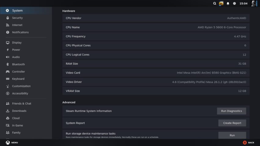 Especificaciones del sistema que muestran el CPU AMD Ryzen 5 5600 G y detalles del hardware y rendimiento.